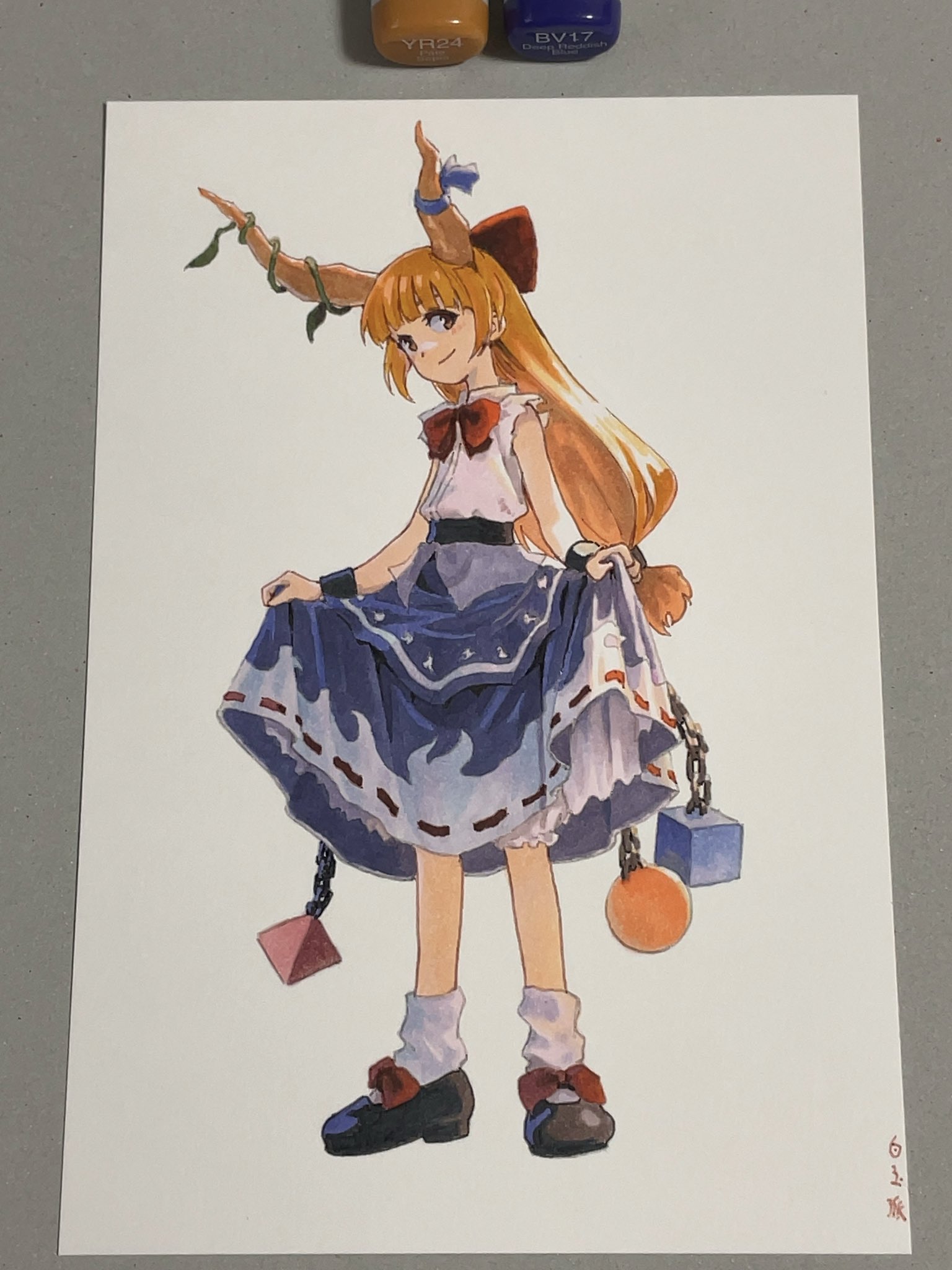 shiratama (hockey), ibuki suika, touhou, commentary request, highres, marker (medium), traditional media, 1girl, art tools in frame, artist name, black shoes, blunt bangs, bow, bowtie, closed mouth, cube, footwear bow, full body, hair ribbon, horn ornament, horn ribbon, horns, long hair, looking at viewer, low-tied long hair, marker, orange eyes, orange hair, orb, purple ribbon, purple skirt, pyramid (geometry), red bow, red bowtie, ribbon, shirt, shoes, skirt, skirt hold, smile, socks, solo, standing, torn clothes, torn sleeves, white shirt, white socks