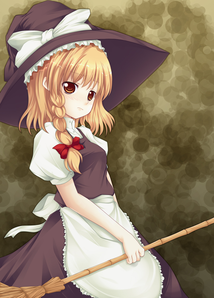 yaegawa mahiro, kirisame marisa, touhou, bad id, bad pixiv id, 1girl, blonde hair, braid, broom, brown eyes, female focus, hat, long hair, ribbon, solo, witch, witch hat