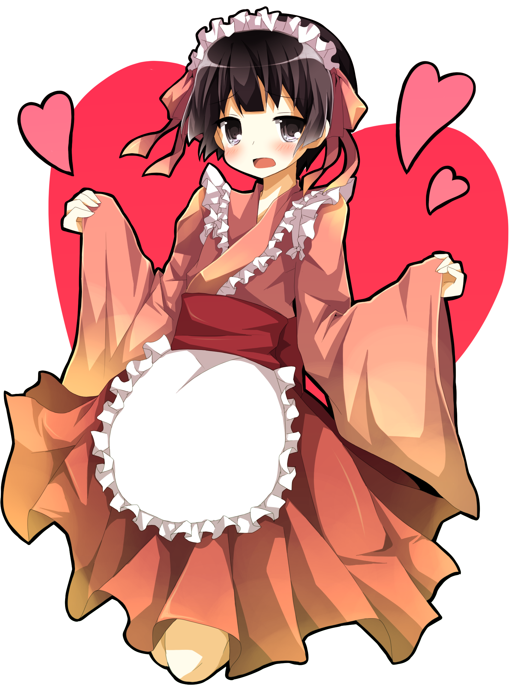 chiruku, japan (hetalia), axis powers hetalia, bad id, bad pixiv id, highres, 00s, 1boy, black hair, blush, crossdressing, crossdressing (mtf), full body, grey eyes, heart, japanese clothes, kimono, kneeling, maid, maid headdress, male focus, male maid, short hair, solo, trap, wa maid