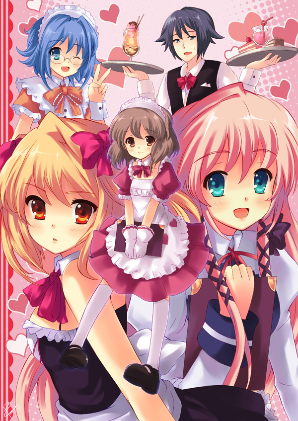 peach88, original, bad id, bad pixiv id, 4girls, black hair, blonde hair, blue eyes, blue hair, brown eyes, brown hair, cake, food, ice cream, long hair, multiple girls, orange eyes, pastry, pink hair, short hair, tray, waiter, waitress