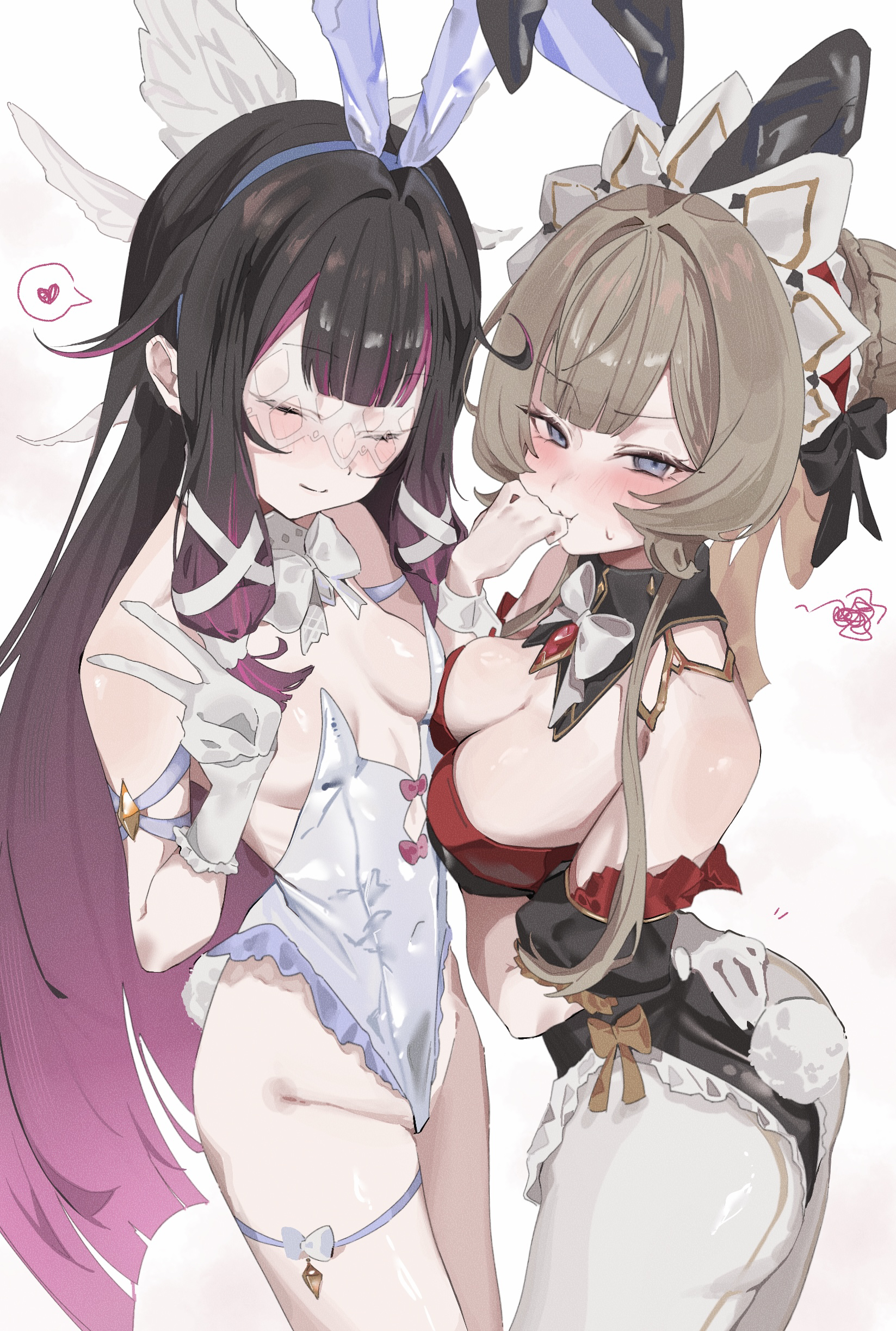 coa (35 seno), columbina (genshin impact), sandrone (genshin impact), genshin impact, absurdres, highres, 2girls, alternate costume, animal ear hairband, animal ears, bare shoulders, black bow, black hair, black hairband, black leotard, blue eyes, blue hairband, blunt ends, blush, bow, braid, braided bun, breasts, breasts apart, brown hair, closed eyes, closed mouth, colored inner hair, detached collar, detached sleeves, fake animal ears, fake tail, gloves, gradient hair, hair bow, hair bun, hairband, head wings, highleg, highleg leotard, large breasts, leotard, multicolored hair, multiple girls, pantyhose, pink hair, playboy bunny, pout, rabbit ear hairband, rabbit ears, rabbit tail, sidelocks, small breasts, smile, strapless, strapless leotard, tail, two-tone hair, v, white bow, white gloves, white leotard, white pantyhose, white wings, wings, wrist cuffs