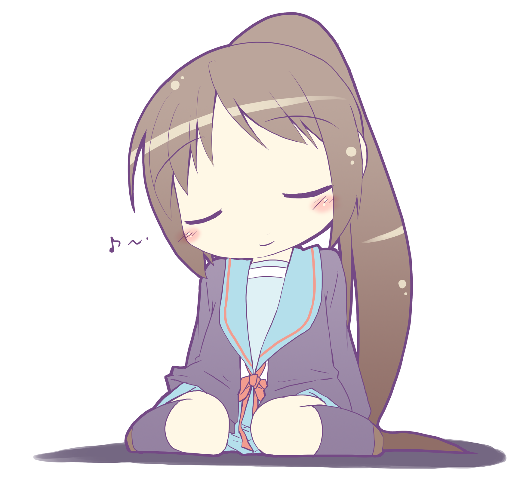 hirose madoka, kyonko, suzumiya haruhi no yuuutsu, bad id, bad pixiv id, highres, 00s, 1girl, brown hair, cardigan, chibi, closed eyes, female focus, genderswap, genderswap (mtf), long hair, musical note, ponytail, school uniform, serafuku, solo