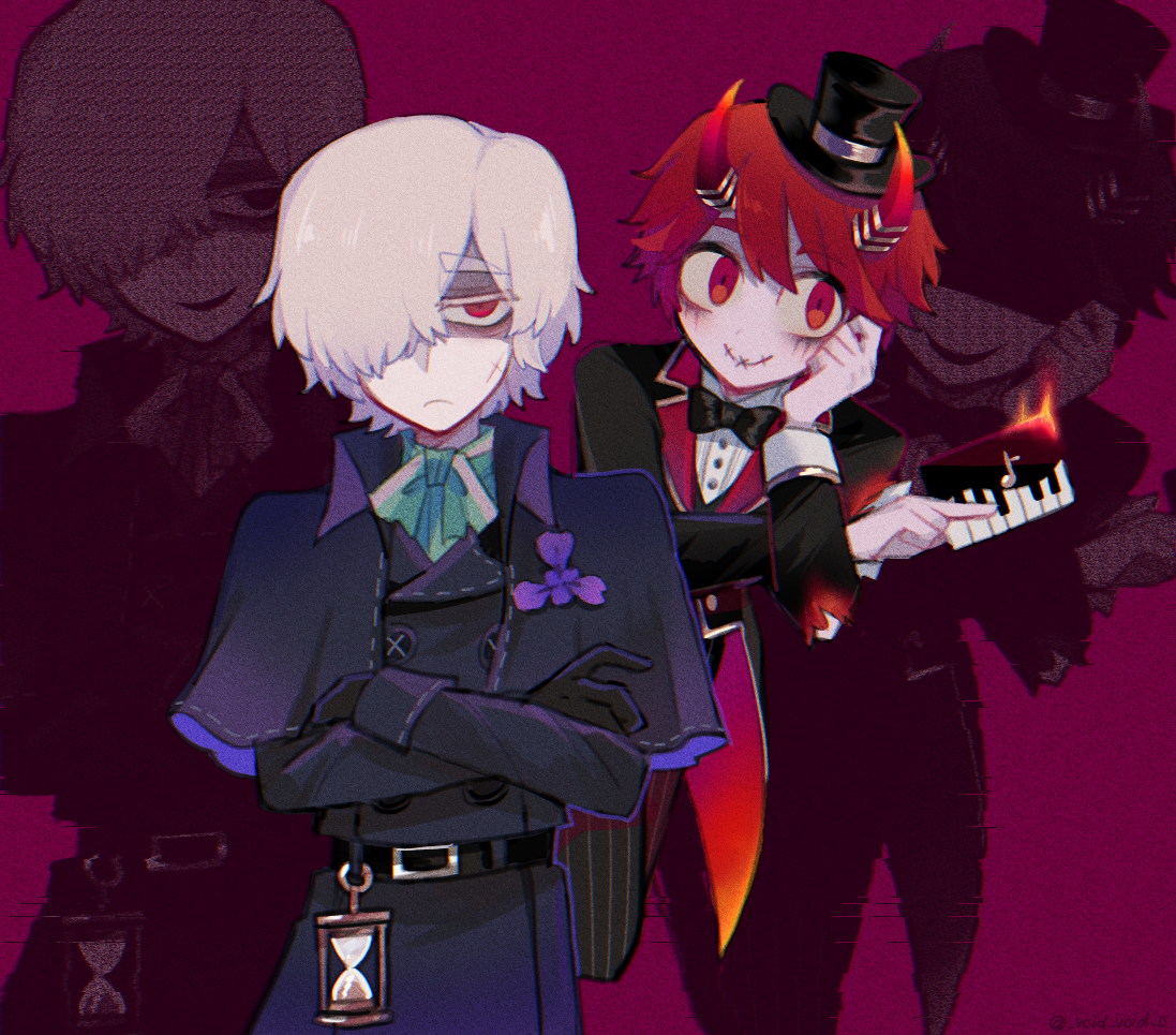 tendenbarabara, andrew kreiss, victor grantz, victor grantz (keyboard), identity v, 2boys, :c, albino, ascot, belt, black belt, black bow, black bowtie, black capelet, black coat, black gloves, black jacket, bow, bowtie, burnt clothes, c:, capelet, coat, colored eyelashes, cross scar, crossed arms, demon horns, flower, frown, gloves, gold trim, green ascot, hair over one eye, hat, horns, hourglass, iris (flower), jacket, looking at viewer, looking to the side, makeup, male focus, mini hat, mini top hat, multiple boys, official alternate costume, raised eyebrows, red eyes, red hair, runny makeup, scar, scar on face, shaded face, shirt, short hair, smile, stitched mouth, stitches, thick eyebrows, top hat, upper body, white eyelashes, white hair, white shirt