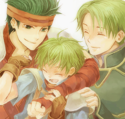 hanakago, boyd (fire emblem), oscar (fire emblem), rolf (fire emblem), fire emblem, fire emblem: path of radiance, nintendo, lowres, 3boys, brothers, fingerless gloves, gloves, green eyes, green hair, knight, male focus, multiple boys, siblings, smile