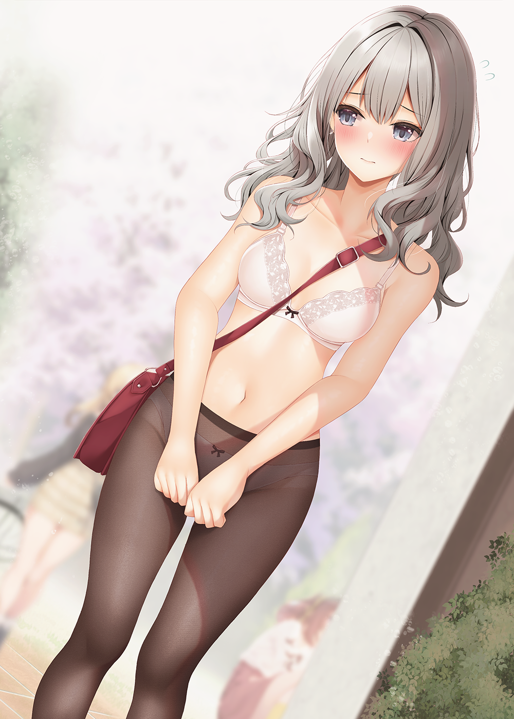 minato ojitan, original, commentary request, highres, large variant set, variant set, 1girl, arms at sides, bag, blush, bow, bow bra, bow panties, bra, breasts, closed mouth, collarbone, day, double-parted bangs, dutch angle, feet out of frame, grey eyes, grey hair, long hair, medium breasts, navel, outdoors, panties, panties under pantyhose, pantyhose, raised inner eyebrows, shoulder bag, solo focus, standing, stomach, underwear, underwear only, wavy hair, white bra, white panties