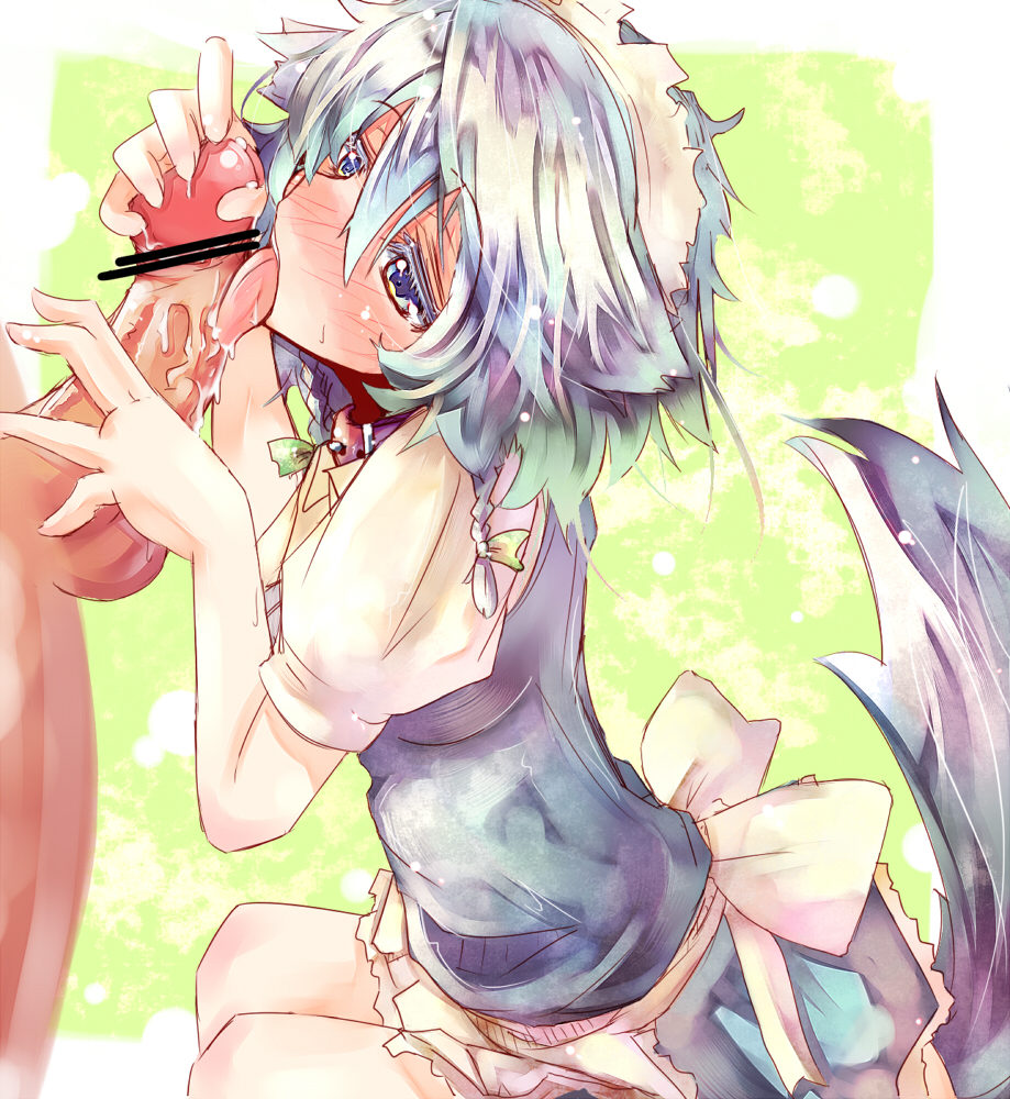 tora, tora (torayarou), inu sakuya (nejikirio), izayoi sakuya, touhou, 1girl, animal ears, blue eyes, blush, braid, censored, dog ears, dog tail, fellatio, kemonomimi mode, licking, maid, oral, penis, pointless censoring, solo focus, tail, tongue, twin braids