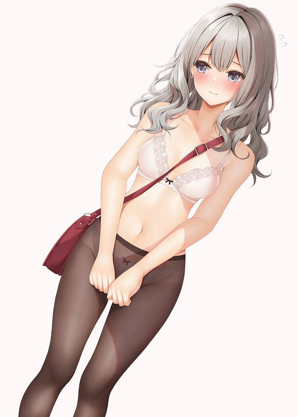 minato ojitan, original, commentary request, highres, large variant set, variant set, 1girl, arms at sides, bag, blush, bow, bow bra, bow panties, bra, breasts, closed mouth, collarbone, double-parted bangs, dutch angle, feet out of frame, grey eyes, grey hair, long hair, medium breasts, navel, panties, panties under pantyhose, pantyhose, raised inner eyebrows, shoulder bag, simple background, solo, standing, stomach, underwear, underwear only, wavy hair, white background, white bra, white panties