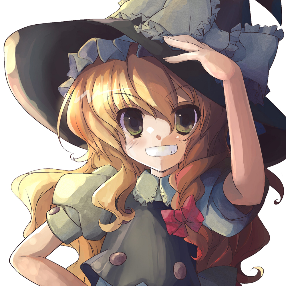 gotou nao, moriya, kirisame marisa, touhou, colorized, 1girl, blonde hair, blush, braid, brown eyes, female focus, grin, hand on own hip, hat, long hair, side braid, smile, solo, upper body, witch, witch hat