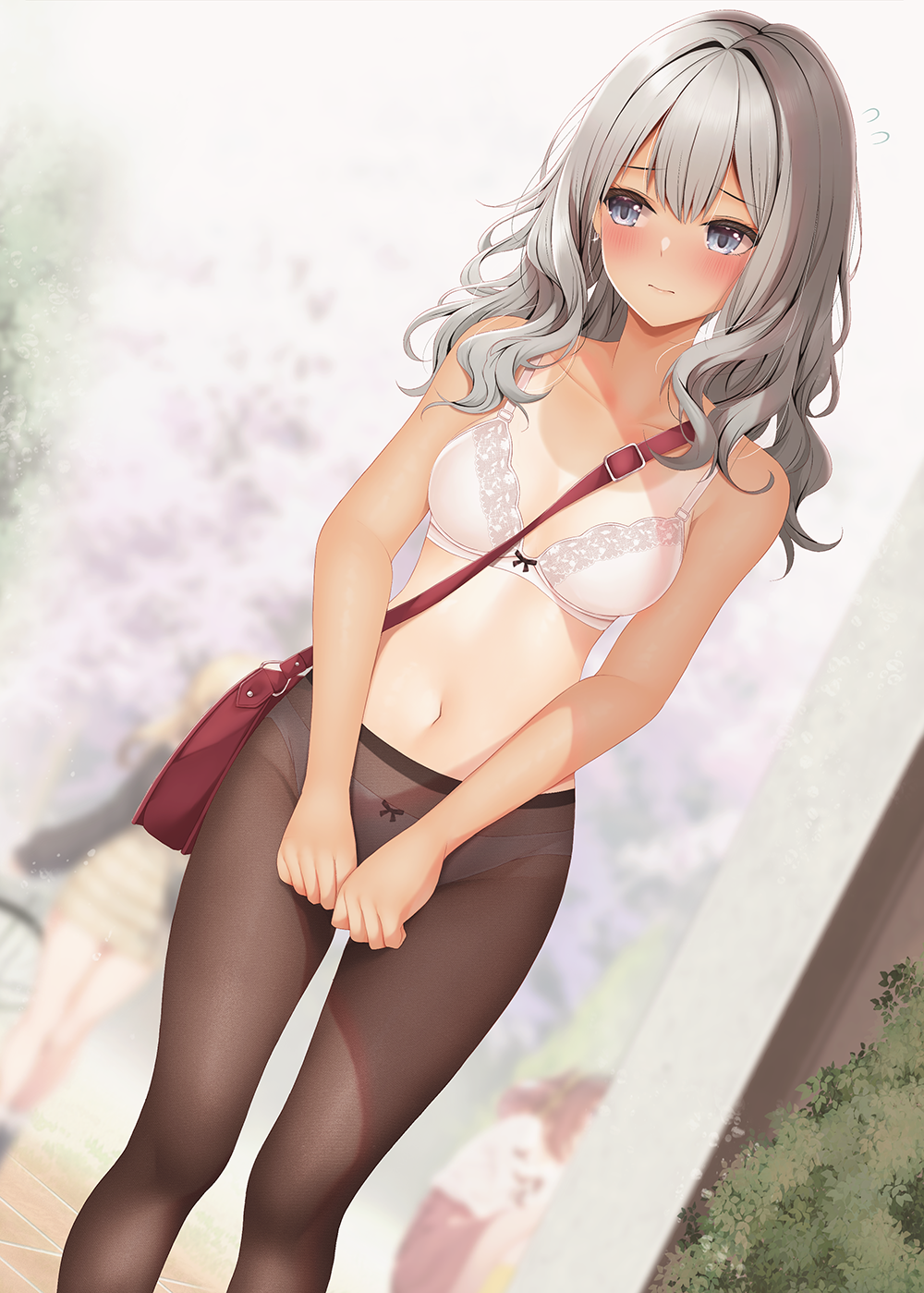 minato ojitan, original, commentary request, highres, large variant set, variant set, 1girl, arms at sides, bag, blush, bow, bow bra, bow panties, bra, breasts, closed mouth, collarbone, day, double-parted bangs, dutch angle, feet out of frame, grey eyes, grey hair, long hair, medium breasts, navel, outdoors, panties, panties under pantyhose, pantyhose, raised inner eyebrows, shoulder bag, solo focus, standing, stomach, tan, tanline, underwear, underwear only, wavy hair, white bra, white panties