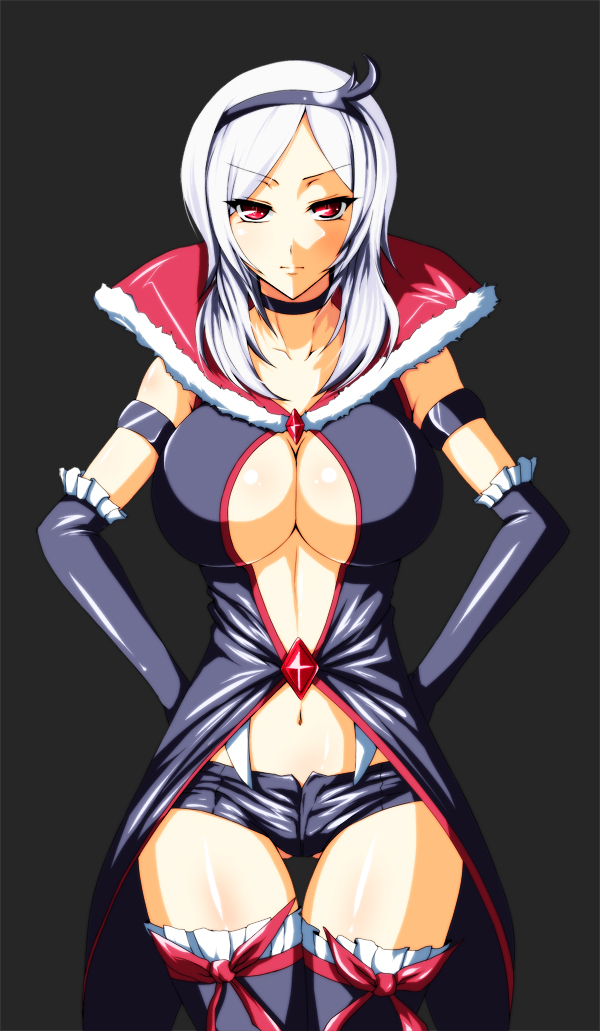 iwamoto eiri, eas (fresh precure!), higashi setsuna, fresh precure!, precure, black neckwear, bad id, bad pixiv id, 00s, 1girl, black choker, black shorts, breasts, choker, cleavage, elbow gloves, female focus, gloves, large breasts, red eyes, short hair, short shorts, shorts, solo, thigh gap, thighhighs, thighs, underboob, white hair