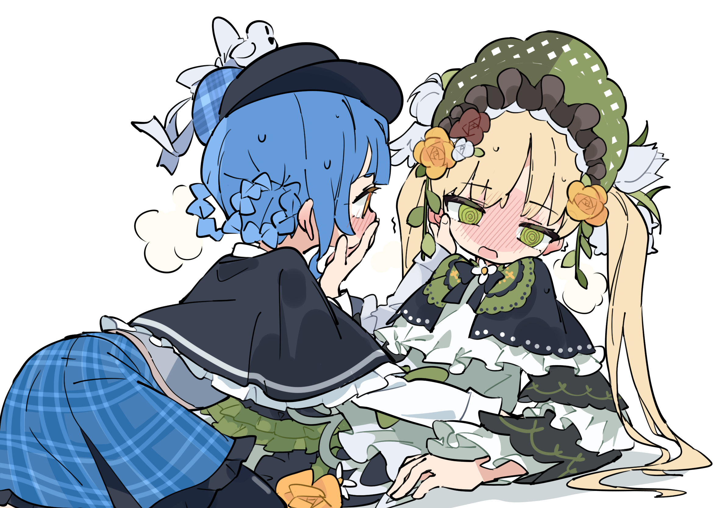 33puruspa, tachibana sherry, tono hanna, mahou shoujo no majo saiban, chinese commentary, commentary request, highres, 2girls, @ @, averting eyes, black capelet, black hat, blonde hair, blue hair, blue skirt, blush, bonnet, braid, braided hair rings, breath, brown flower, brown rose, capelet, covering another's mouth, deerstalker, dress, embarrassed, flower, frilled dress, frills, full-face blush, girl on top, green bonnet, green dress, green eyes, hair rings, hat, lolita fashion, long hair, long sleeves, looking at another, lying, multiple girls, on back, open mouth, plaid clothes, plaid skirt, rose, short hair, simple background, skirt, twintails, white background, yellow eyes, yellow flower, yellow rose, yuri