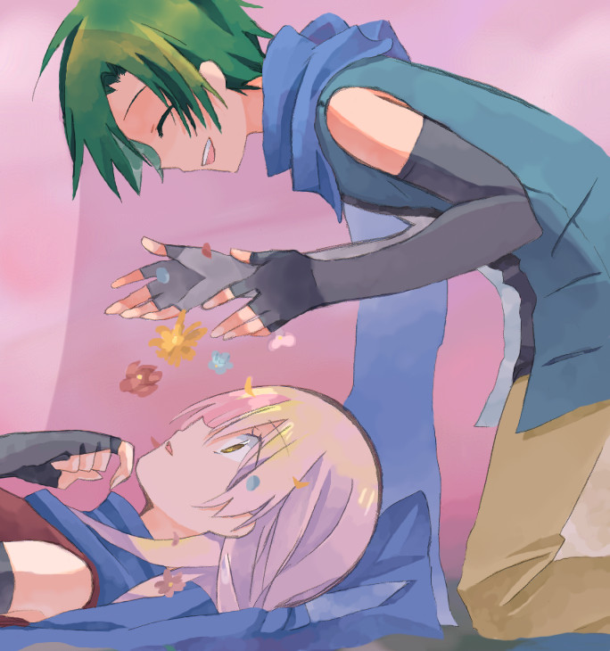 micaiah (fire emblem), sothe (fire emblem), fire emblem, fire emblem: radiant dawn, nintendo, silver hair, 1boy, 1girl, :d, bare shoulders, blue scarf, closed eyes, elbow gloves, gloves, green hair, long hair, lying, o o, on back, open mouth, scarf, smile, surprised, yellow eyes