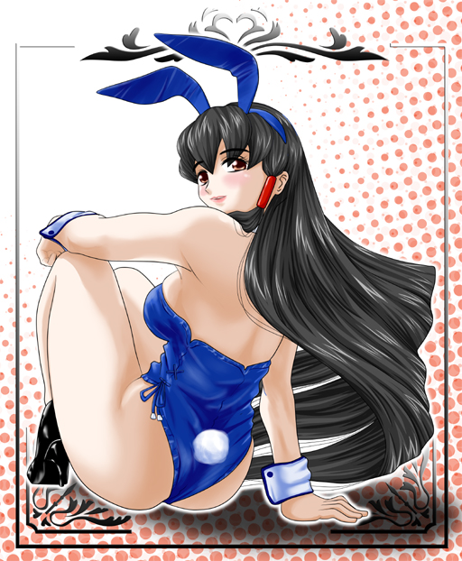 pekepeke, original, animal ears, arm support, ass, bare legs, black hair, brown eyes, fake animal ears, long hair, looking back, playboy bunny, rabbit ears, sitting, solo, wedgie