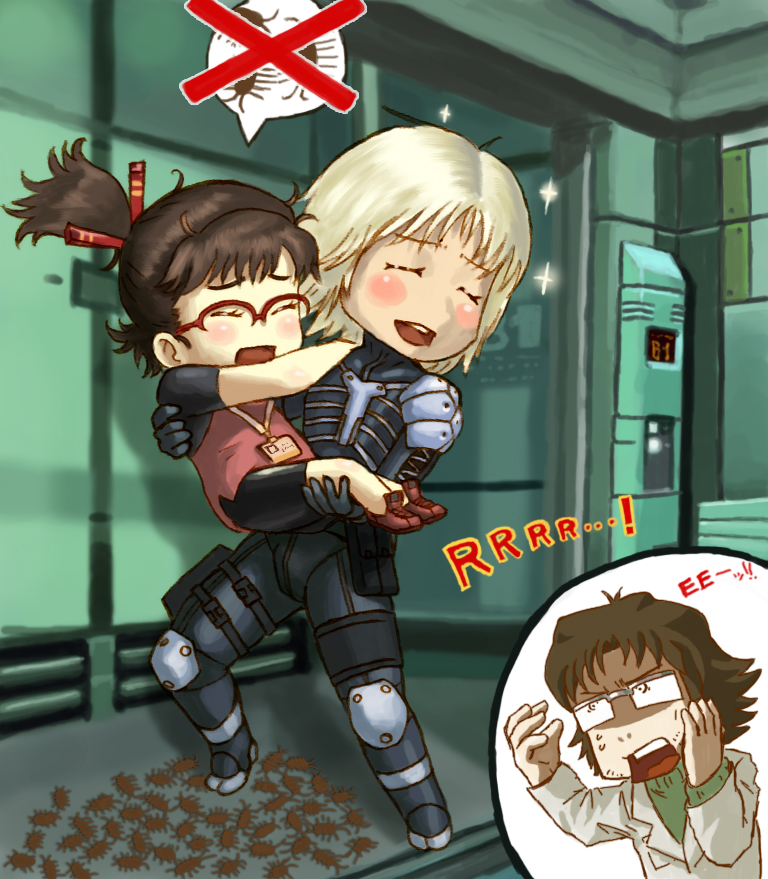 toriny, emma emmerich, hal emmerich, raiden (metal gear), metal gear (series), metal gear solid, metal gear solid 2: sons of liberty, bad id, bad pixiv id, 1girl, 2boys, blonde hair, blush, blush stickers, brown hair, bug, carrying, chibi, elevator, glasses, multiple boys, name tag, ponytail, princess carry, sea lice, smile, sparkle