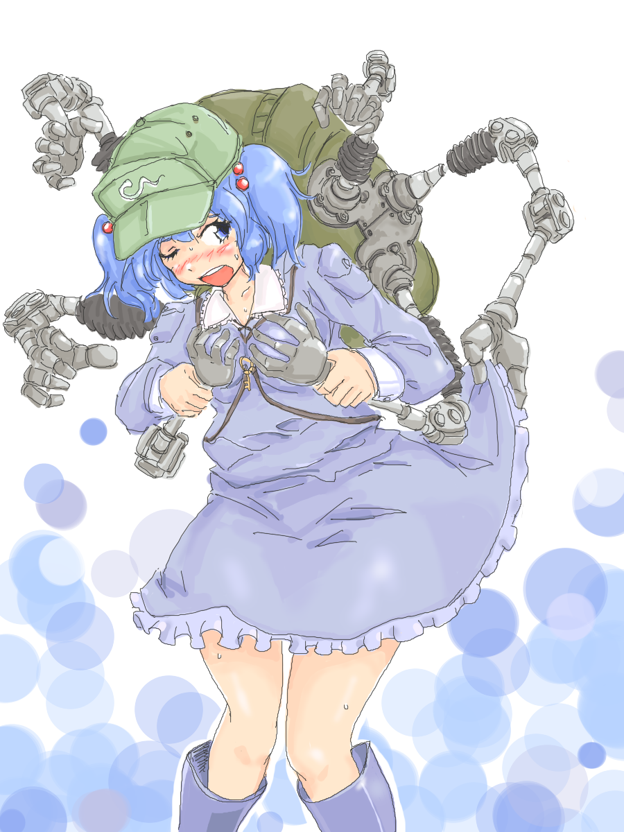 michael-x, kawashiro nitori, touhou, highres, 1girl, backpack, bag, blue eyes, blue hair, blush, boots, breasts, clothes lift, female focus, grabbing another's breast, groping, hair bobbles, hair ornament, hat, matching hair/eyes, mechanical arms, one eye closed, randoseru, short hair, single mechanical arm, skirt, skirt lift, solo, twintails, two side up, wink