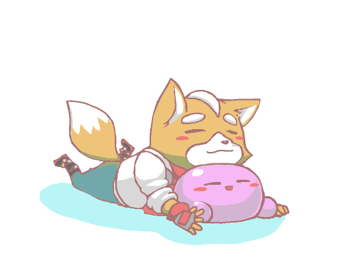 fox mccloud, kirby, kirby (series), nintendo, star fox, super smash bros., lowres, blush, furry, furry male, gloves, lying, on stomach, smile