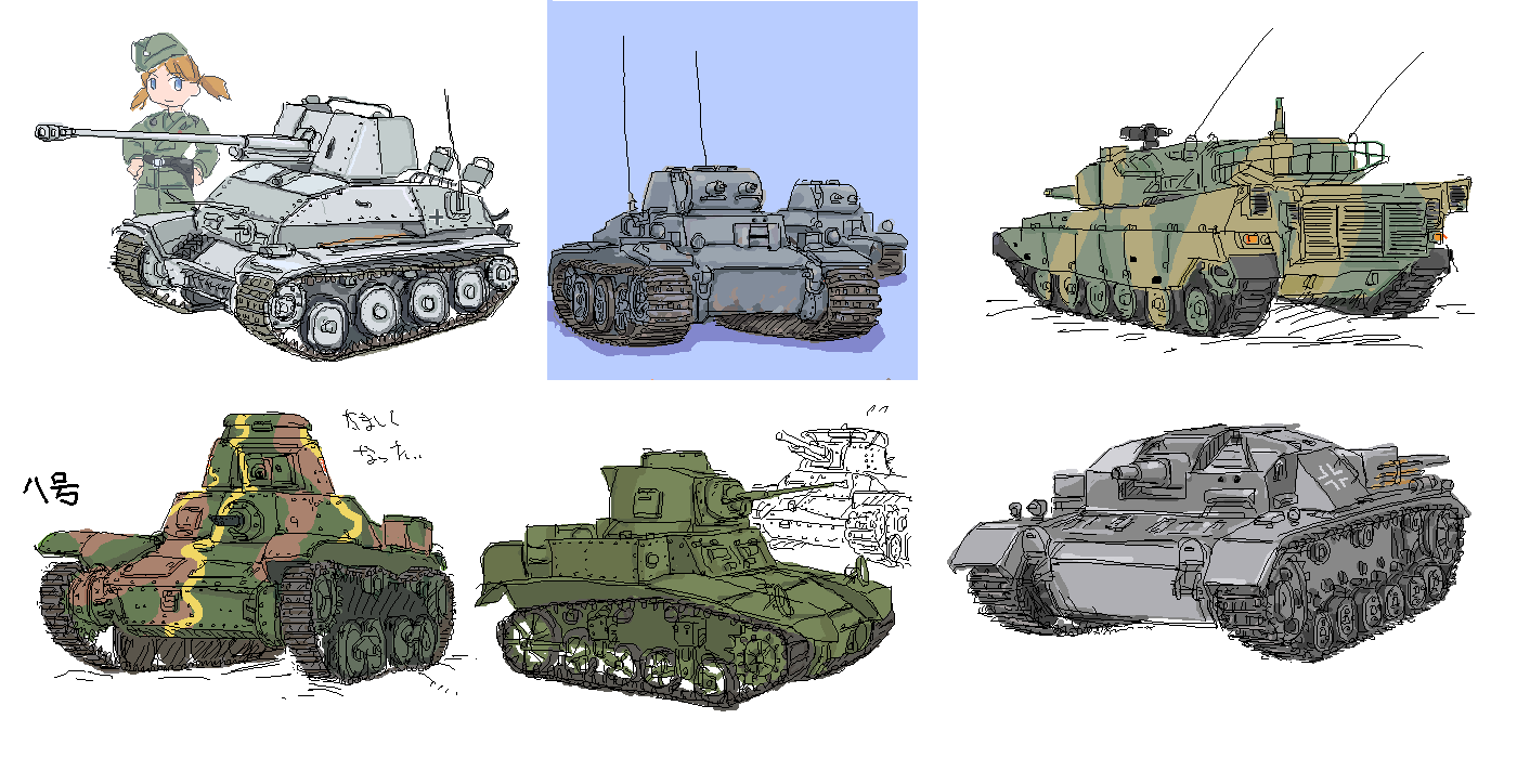 michael-x, m3 stuart, marder iii, mihama chiyo, type 95 ha-go, type 97 chi-ha, azumanga daiou, tank destroyer, vehicle, translated, 1girl, balkenkreuz, blue eyes, caterpillar tracks, child, cross, garrison cap, hat, military, military uniform, military vehicle, motor vehicle, orange hair, panzer i, rheinmetall rh-120, self-propelled artillery, short hair, stug iii, tank, turretless tank, twintails, type 90 (tank), world war ii