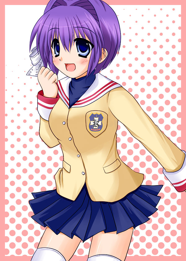 cross (artist), cross (crossryou), fujibayashi ryou, clannad, 00s, 1girl, blue eyes, female focus, hair ribbon, purple hair, ribbon, short hair, solo, thighhighs