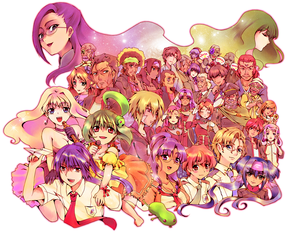 e-mi, hee mi, ai-kun, bilrer, bobby margot, brera sterne, canaria berstein, catherine glass, elmo kridanik, grace o'connor, henry gilliam, howard glass, jeffrey wilde, jeffrey wilder, klan klein, luca angeloni, major ohgotwhai's advisor, matsuura nanase, meltrandi, mikhail buran, mina roshan, miranda merin, mishima leon, monica lang, nene rora, ohgotwhai, ozma lee, ram hoa, ranka lee, ranshe mei, raramia rerenia, saotome alto, saotome ranzou, saotome yasuboro, sheryl nome, tehmzin, zentradi, macross, macross frontier, 00s, 6+boys, 6+girls, absolutely everyone, beard, blonde hair, blue hair, brother and sister, brown hair, cyborg, everyone, facial hair, fang, galaxy, green hair, microphone, military, military uniform, multiple boys, multiple girls, pink hair, ponytail, purple hair, red hair, salute, siblings, star (sky), twintails