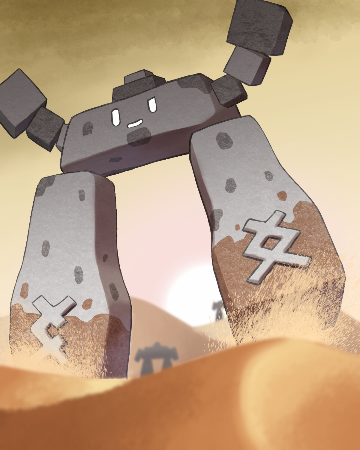 lyra (hi7 15), stonjourner, nintendo, pokemon, commentary request, highres, arms up, desert, full body, gen 8 pokemon, no humans, outdoors, pokemon (creature), pokemon focus, sand, smile, solo focus