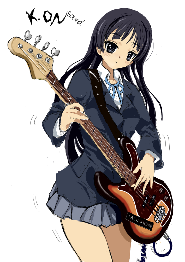 toshi (little-fluffy-cloud), akiyama mio, k-on!, 00s, 1girl, bass guitar, black eyes, black hair, blunt bangs, collared shirt, copyright name, female focus, guitar, hime cut, instrument, long hair, oekaki, school uniform, shirt, simple background, solo