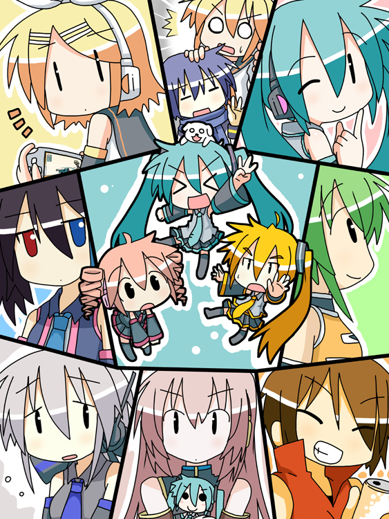 minami (colorful palette), akita neru, chibi miku, fl-chan, hamo (dog), hatsune miku, kagamine len, kagamine rin, kaito (vocaloid), kasane teto, kasane teto (utau), megurine luka, meiko (vocaloid), yokune ruko, yowane haku, fl studio, triple baka (vocaloid), utau, vocaloid, > <, 2boys, 6+girls, :d, = =, ^^^, alcohol, animal, animal on head, beer, blush, cameo, chibi, closed eyes, crossover, dog, dog on head, doll, drill hair, everyone, handheld game console, heterochromia, multiple boys, multiple girls, o o, on head, one eye closed, open mouth, playing games, playstation portable, smile, thighhighs, twin drills, twintails, video game, wink, | |