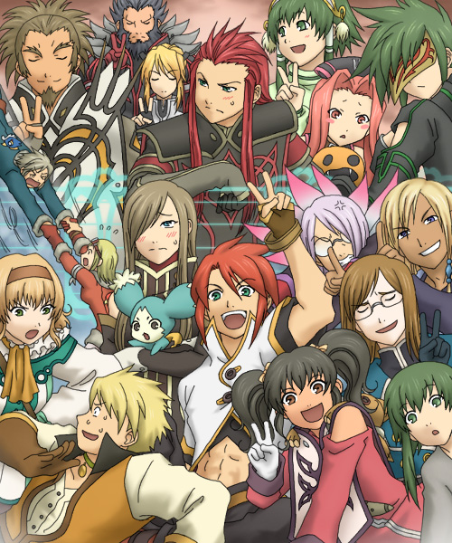tempyou kango, anise tatlin, arietta (tales), asch (tales), dist, dist (tales), florian, florian (tales), ginji (tales), ginji (toa), guy cecil, ion (tales), jade curtiss, largo, largo (tales), legretta, legretta (tales), luke fon fabre, mieu (tales), natalia luzu kimlasca lanvaldear, noelle, noelle (tales), peony ix, sync (tales), tear grants, van grants, tales of (series), tales of the abyss, 00s, 6+boys, 6+girls, ascot, beard, black hair, blonde hair, blue eyes, brown hair, everyone, facial hair, glasses, gloves, green eyes, green hair, grey hair, hair tubes, hairband, long hair, multiple boys, multiple girls, orange ascot, pink hair, ponytail, purple hair, short hair with long locks, smile, surcoat, twintails, v