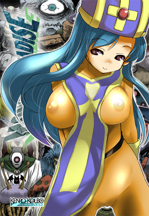 orimoto mimana, priest (dq3), chunsoft, dragon quest, dragon quest iii, enix, 1girl, blue hair, bodysuit, breasts, cameltoe, covered erect nipples, female focus, hat, large breasts, long hair, mitre, nipples, red eyes, see-through clothes, smile, solo, tabard