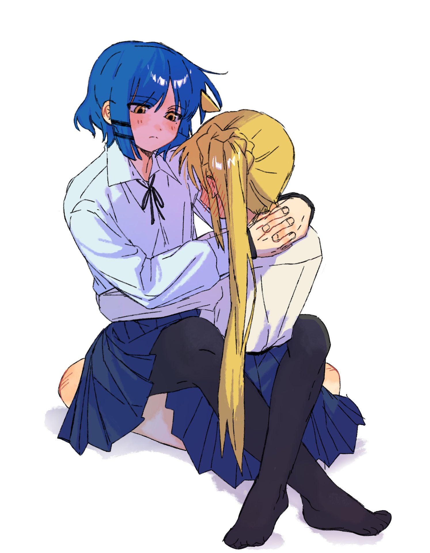 saiki (mumei 912), ijichi nijika, yamada ryo, bocchi the rock!, highres, 2girls, ahoge, arm around waist, black pantyhose, blonde hair, blue hair, blue skirt, blush, collared shirt, full-face blush, hair ornament, hand on another's neck, leg lock, long hair, long sleeves, looking at another, mole, mole under eye, multiple girls, neck ribbon, pantyhose, ribbon, shirt, short hair, side ponytail, simple background, sitting, skirt, straddling, upright straddle, white background, white shirt, yellow eyes, yuri