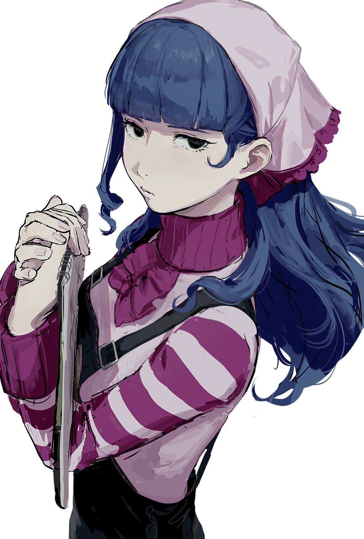 nyak il, vera misham, ace attorney, apollo justice: ace attorney, commentary request, highres, 1girl, blue hair, blunt bangs, closed mouth, empty eyes, expressionless, hands up, headscarf, holding, holding sketchbook, long hair, long sleeves, looking at viewer, overalls, own hands together, purple sweater, sketchbook, solo, striped clothes, striped sweater, sweater, upper body, white background
