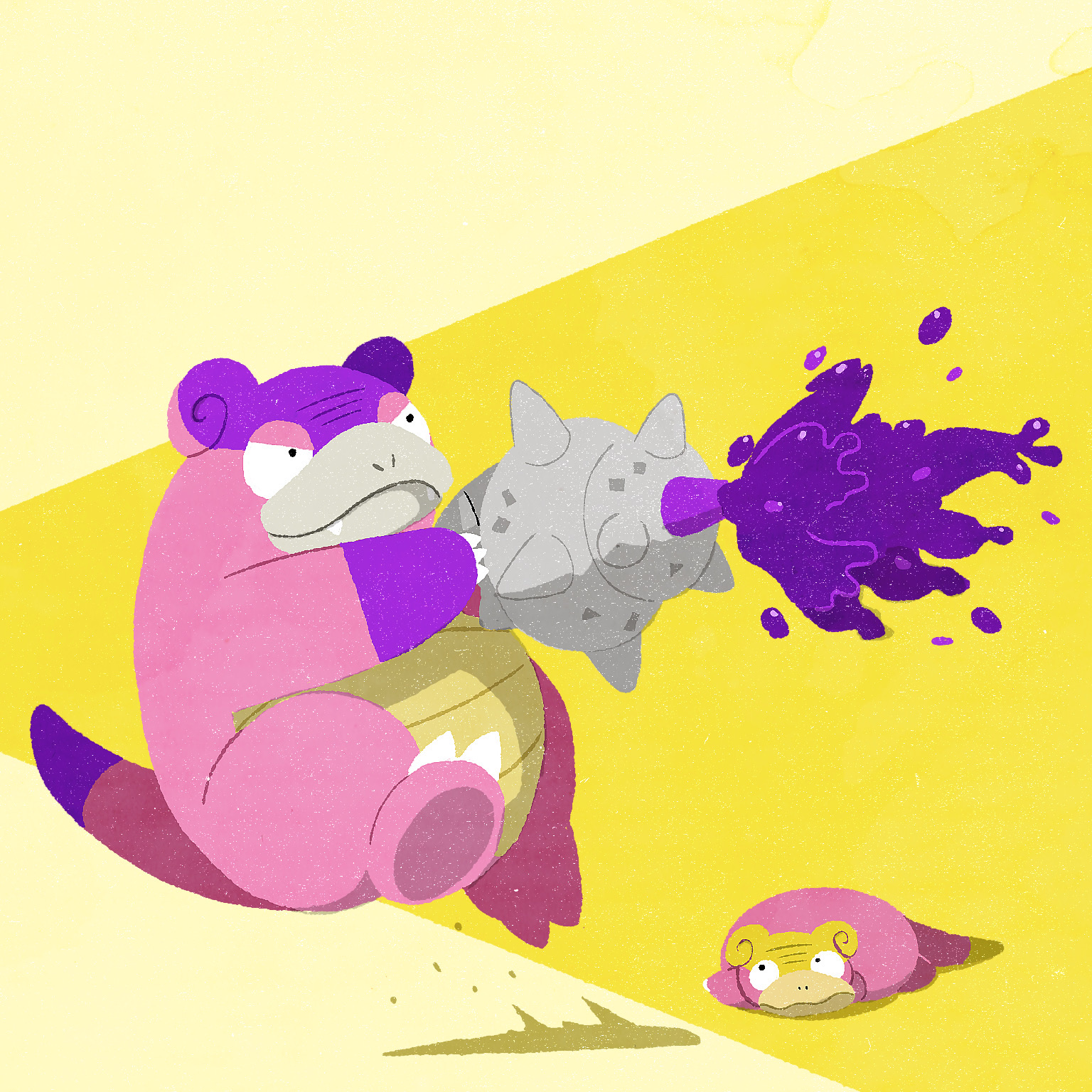 bananajerky, galarian slowbro, galarian slowpoke, nintendo, pokemon, commentary request, highres, closed mouth, evolutionary line, fangs, firing, full body, galarian form, gen 8 pokemon, no humans, nostrils, poison, pokemon (creature), pokemon move, shell side arm (pokemon), simple background