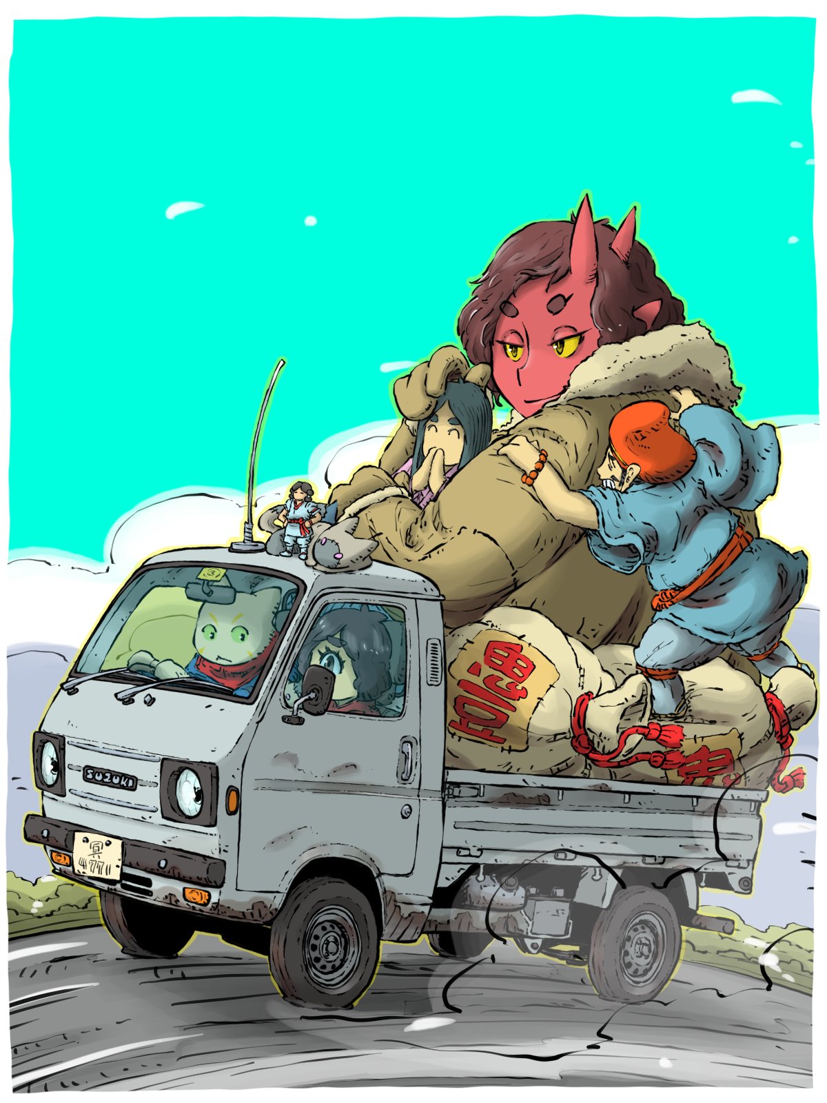 yabarn, original, commentary request, highres, 1boy, 2girls, blurry, colored skin, cyclops, dress, giant, giantess, green background, horns, kei truck, license plate, motor vehicle, multiple girls, on truck, one-eyed, pickup truck, red skin, side-view mirror, suzuki carry, truck