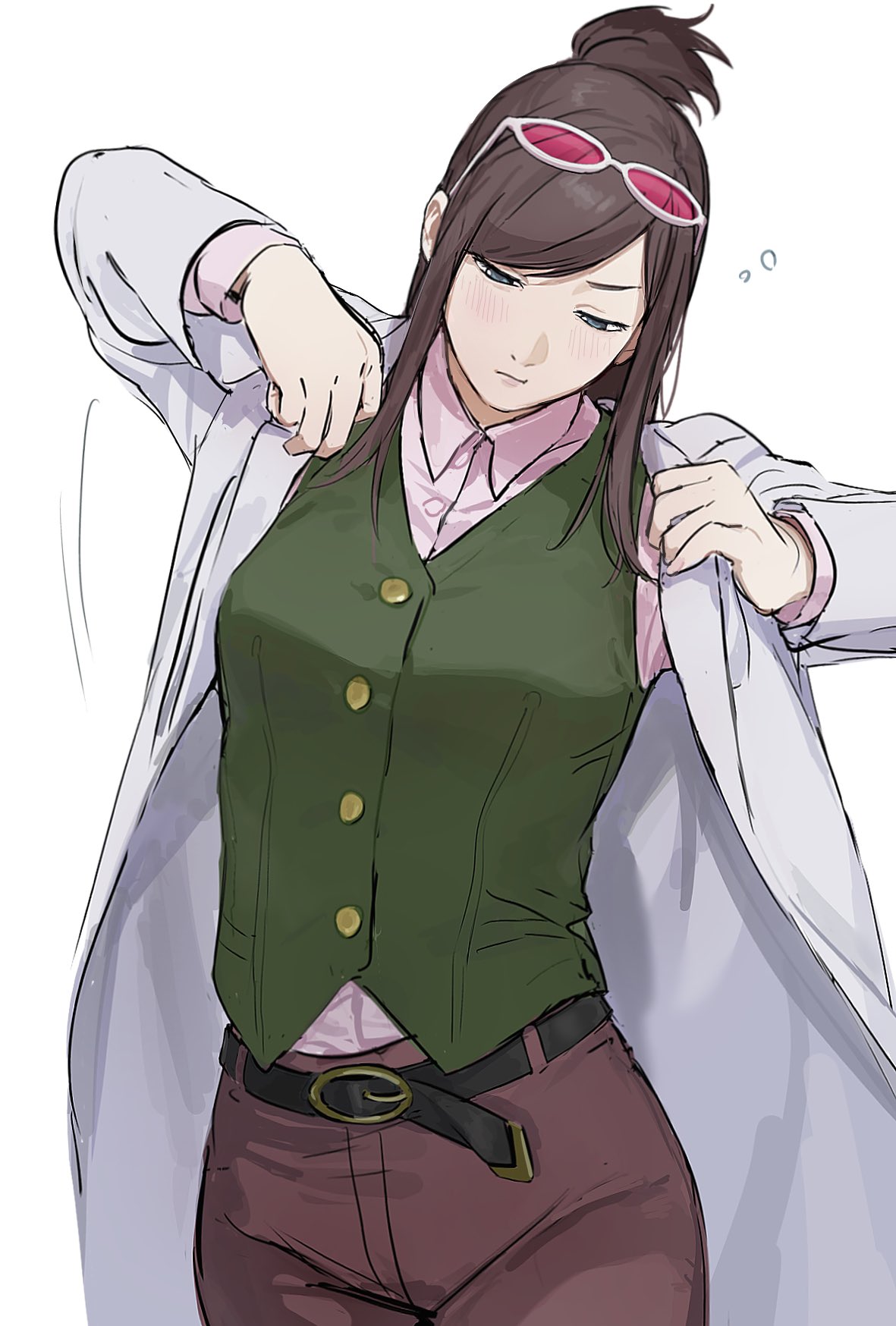 nyak il, ema skye, ace attorney, apollo justice: ace attorney, highres, 1girl, adjusting clothes, belt, black belt, brown hair, brown pants, collared shirt, cowboy shot, eyewear on head, glasses, green vest, half-closed eyes, half updo, hands up, lab coat, long hair, long sleeves, pants, pink-tinted eyewear, pink shirt, shirt, simple background, solo, standing, sunglasses, tinted eyewear, vest, white-framed eyewear, white background