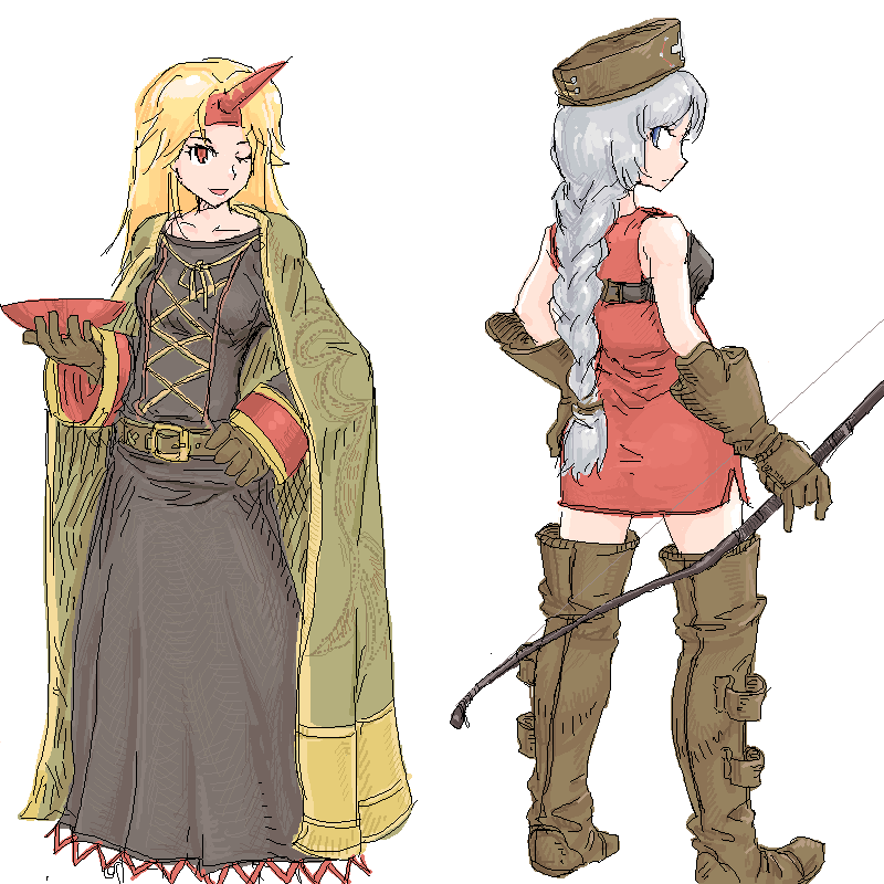 michael-x, archer (fft), hoshiguma yuugi, summoner (fft), yagokoro eirin, final fantasy, final fantasy tactics, touhou, silver hair, 2girls, archer (fft) (cosplay), blonde hair, blue eyes, boots, bow (weapon), braid, cosplay, cup, female focus, gloves, hat, horns, long hair, multiple girls, red eyes, sakazuki, single horn, summoner (fft) (cosplay), thigh boots, thighhighs, weapon, wink