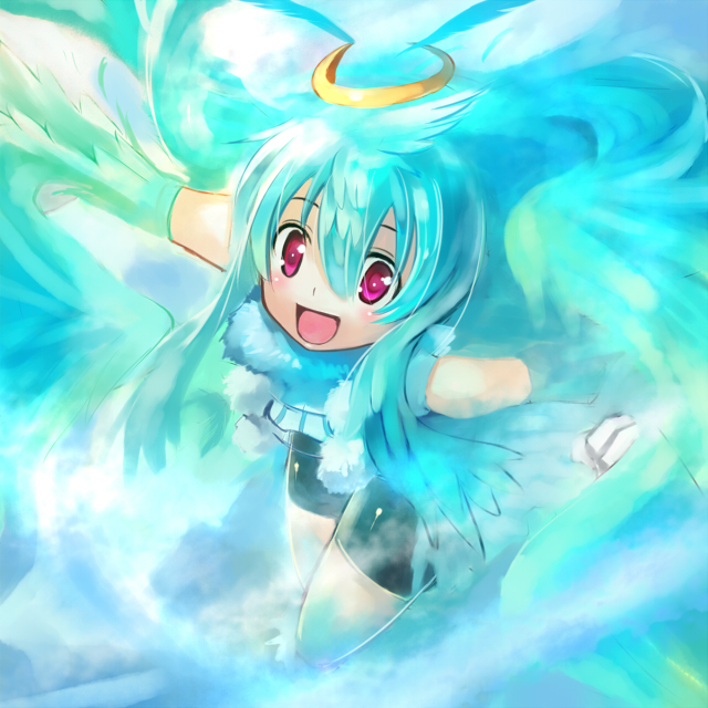 edobox, pixiv fantasia, pixiv fantasia 3, bike shorts, blue hair, blue theme, gigandal federation, halo, happy, long hair, purple eyes, solo, wings