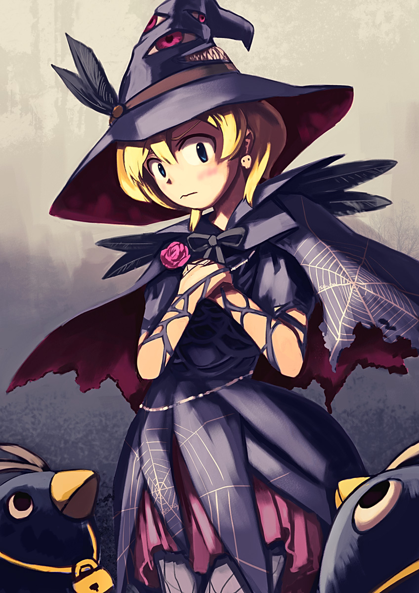 hirosato, sakura (deathsmiles), cave (developer), deathsmiles, highres, bird, blonde hair, blue eyes, blush, cape, earrings, feathers, flower, hat, jewelry, penguin, rose, short hair, skull, solo, torn clothes, witch, witch hat