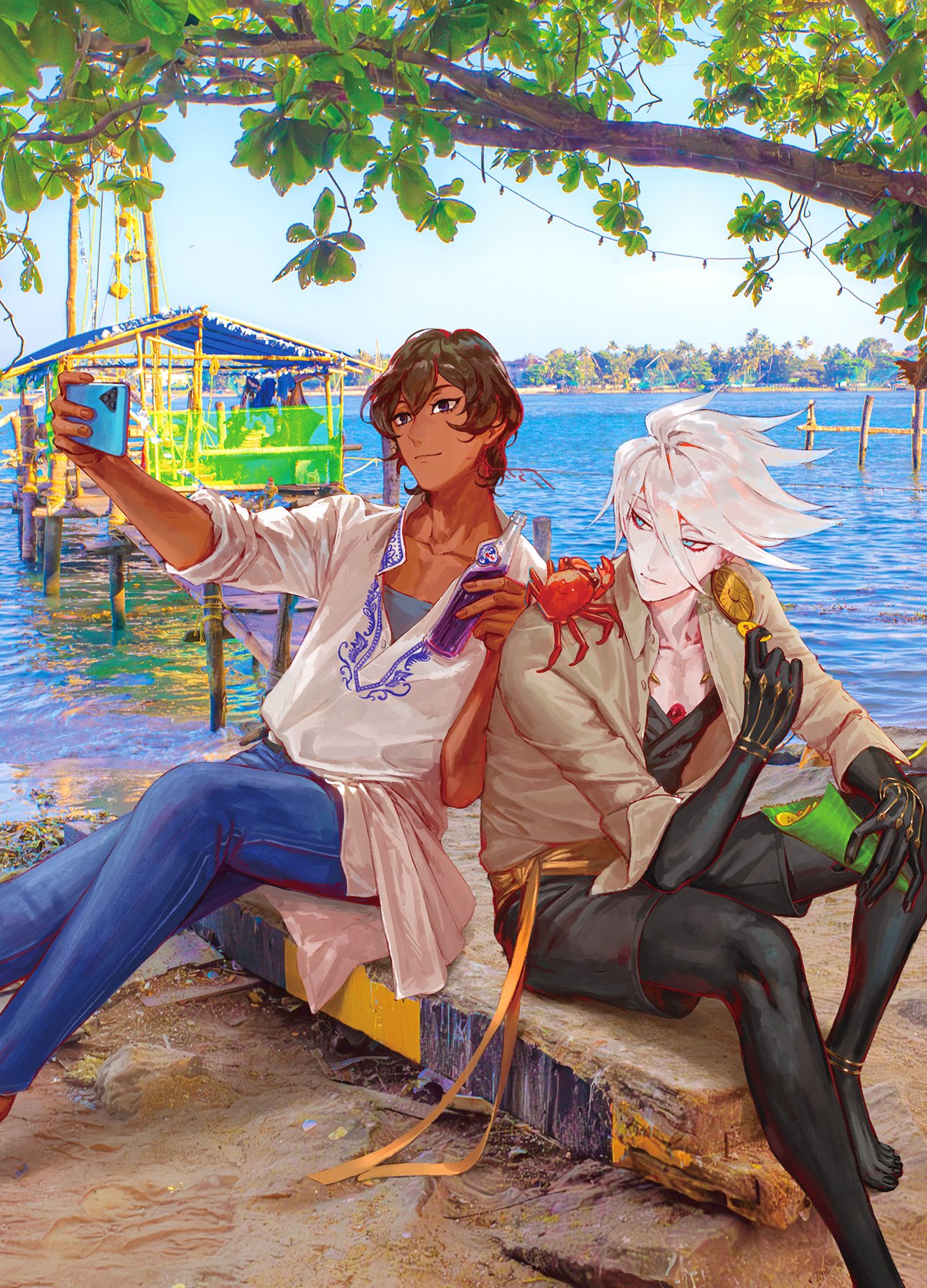 egawa akira, arjuna (fate), karna (fate), fate/grand order, fate (series), highres, 2boys, alternate costume, black pants, black shorts, black skin, blue eyes, blue pants, bottle, brown eyes, brown hair, brown shirt, cellphone, closed mouth, collarbone, colored skin, crab, dark-skinned male, dark skin, day, glass bottle, holding, holding bottle, holding phone, lake, long sleeves, looking at another, male focus, multiple boys, outdoors, pants, phone, selfie, shirt, short hair, shorts, sitting, sleeves rolled up, smartphone, smile, tree, white hair, white shirt