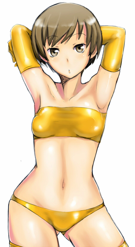 em (totsuzen no hakike), satonaka chie, atlus, persona, persona 4, 1girl, :o, armpits, arms behind head, bandeau, bare shoulders, breasts, brown eyes, brown hair, collarbone, dark persona, elbow gloves, female focus, gloves, gluteal fold, midriff, navel, panties, short hair, solo, strapless, thighhighs, tube top, underwear