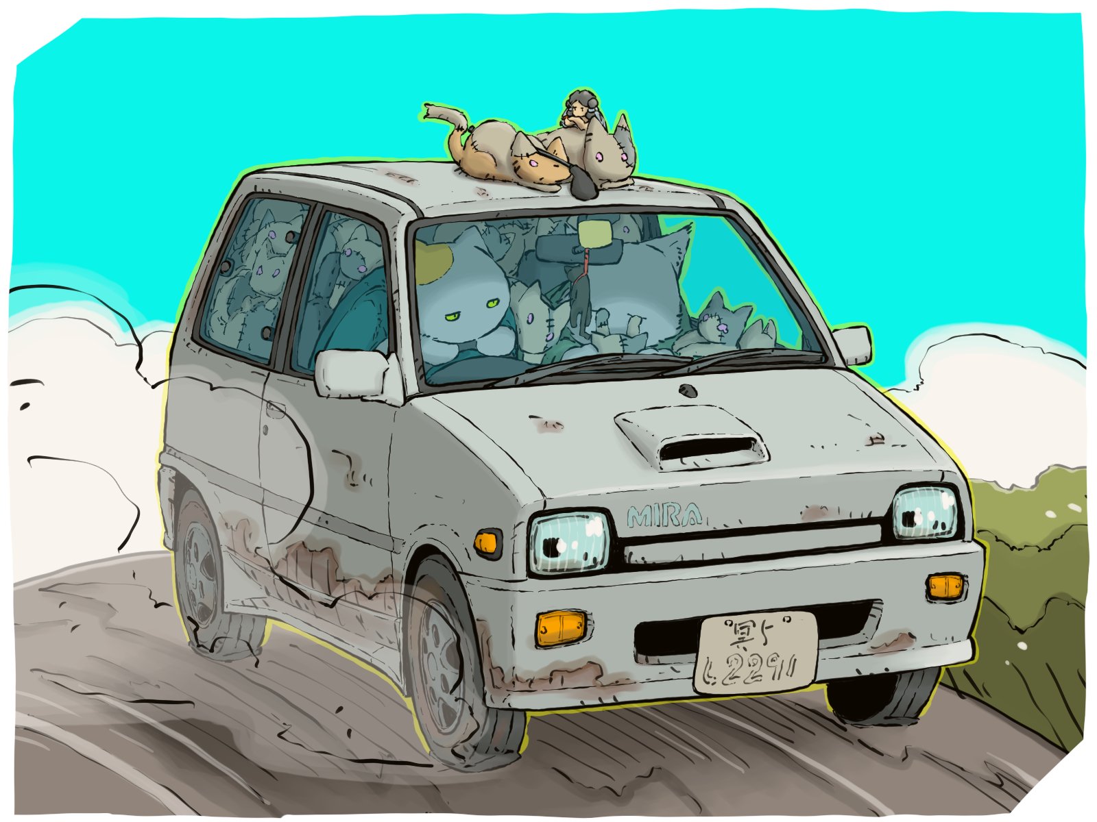 yabarn, original, highres, vehicle request, 2boys, blue sky, car, cat, crowded, license plate, motor vehicle, multiple boys, road, side-view mirror, sky, vehicle focus