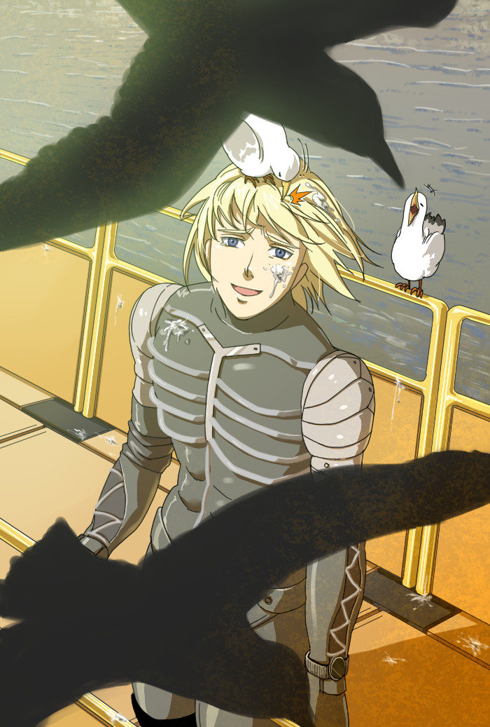 hinoe (dd works), raiden (metal gear), metal gear (series), metal gear solid, metal gear solid 2: sons of liberty, bad id, bad pixiv id, 1boy, animal, animal on head, bird, bird on head, bird poop, blonde hair, blue eyes, male focus, on head, pecking, poop, seagull, solo, tears