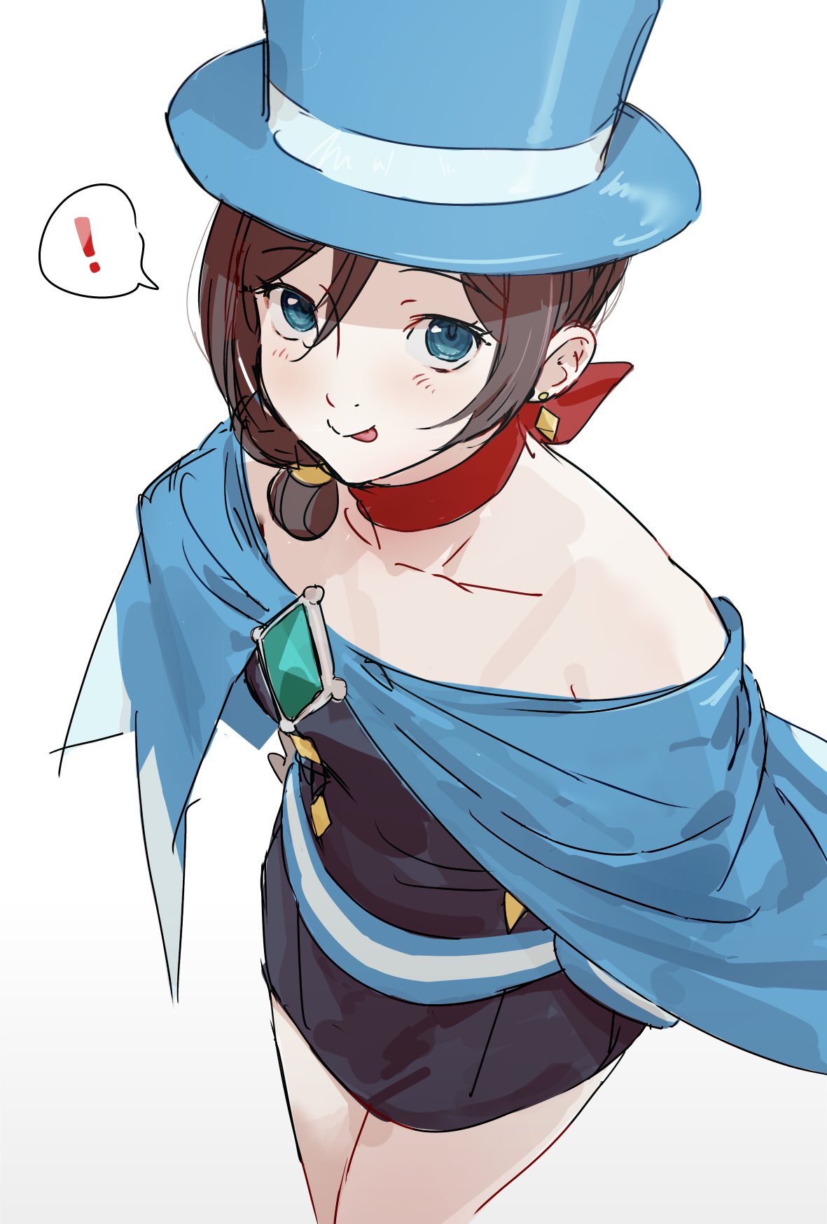 nyak il, trucy wright, ace attorney, apollo justice: ace attorney, commentary request, highres, !, 1girl, bare shoulders, black dress, blue cape, blue eyes, blue hat, brown hair, cape, cowboy shot, diamond earrings, dress, earrings, flat chest, hat, jewelry, looking at viewer, red scarf, scarf, short dress, short hair, simple background, smile, solo, spoken exclamation mark, standing, tongue, tongue out, top hat, white background