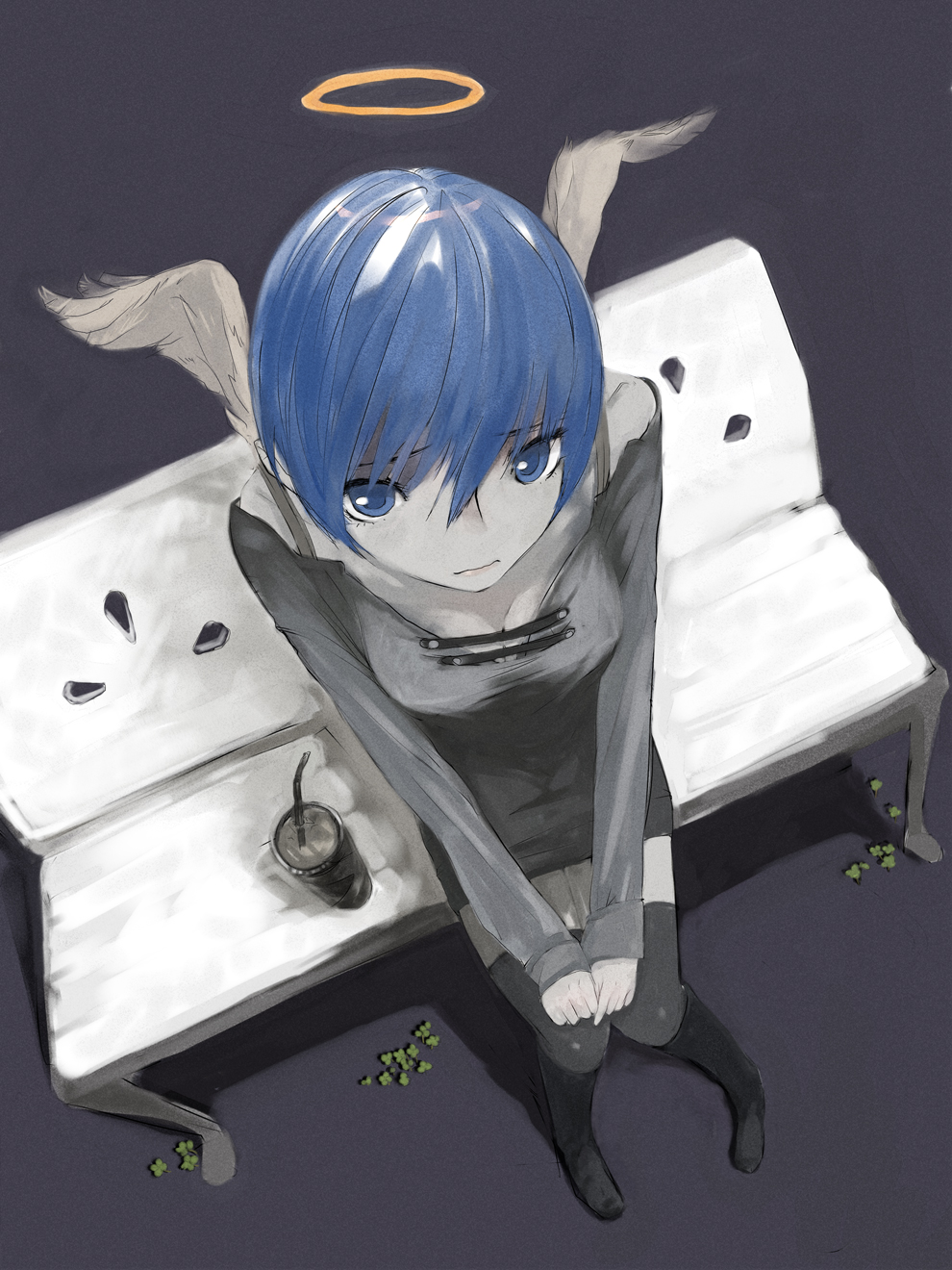 nimirom, original, bad id, bad pixiv id, highres, angel wings, bench, blue eyes, blue hair, boots, halo, pale skin, short hair, shy, sitting, solo, thighhighs, traditional halo, wings