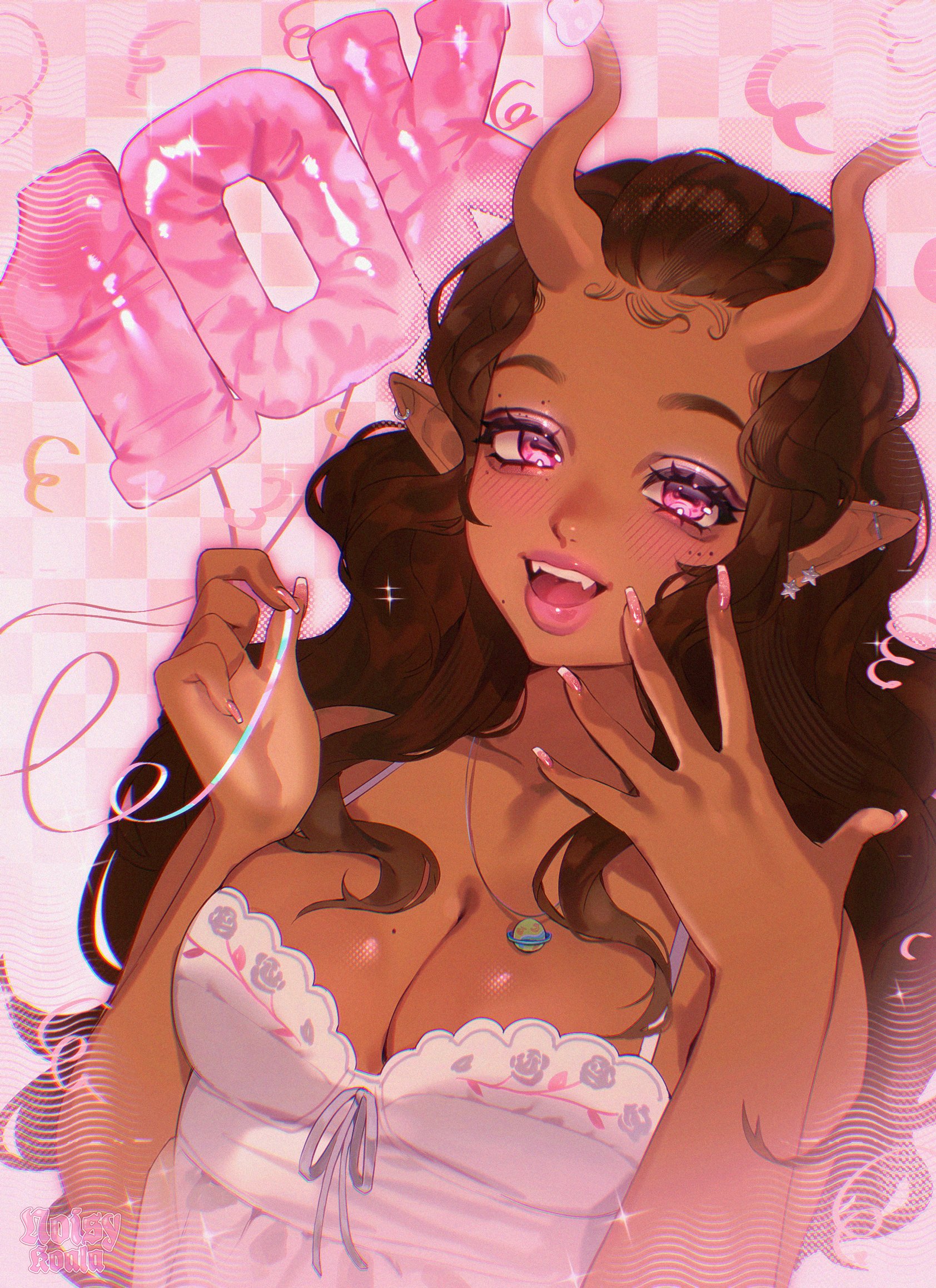 noisykoala, indie virtual youtuber, commentary, commission, highres, symbol-only commentary, 1girl, aegyo sal, artist name, balloon, barbell piercing, breasts, brown hair, bustier, bustier ribbon, checkered background, cleavage, collarbone, confetti, dark-skinned female, dark skin, dutch angle, ear piercing, earrings, eyelashes, eyeshadow, film grain, fingernails, floral print, frilled bustier, frills, gradient background, hair over breasts, hair pulled back, halftone, hand up, happy, holding, holding balloon, horizontal pupils, horns, industrial piercing, jewelry, light blush, long fingernails, looking at viewer, makeup, medium breasts, milestone celebration, mole, mole on breast, mole under eye, mole under mouth, multiple moles, nail polish, number balloon, open hand, open mouth, outer glow, outline, piercing, pink background, pink eyes, pink eyeshadow, pink lips, pink nails, pink outline, pink theme, planet necklace, pointy ears, silver earrings, skin-covered horns, star (symbol), star earrings, teeth, thick eyebrows, thick lips, tongue, upper body, upper teeth only, wavy hair, white bustier