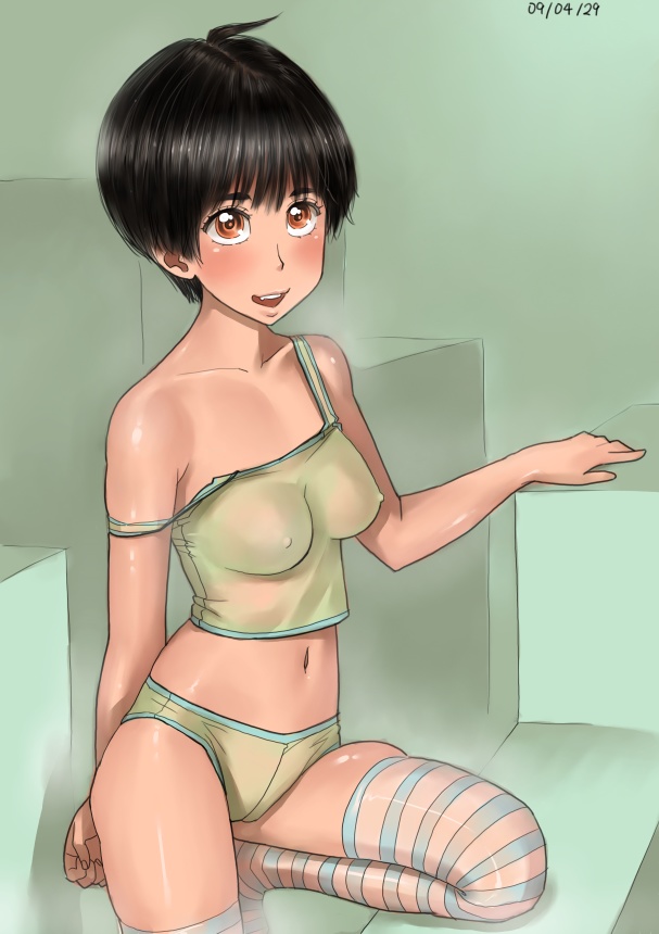 zenkou, ayumu (zenkou), original, 1girl, black hair, blush, breasts, brown eyes, collarbone, covered erect nipples, dated, female focus, green background, green panties, legs, looking at viewer, midriff, navel, nipples, no bra, panties, shiny skin, short hair, skindentation, solo, strap slip, striped clothes, striped thighhighs, tank top, thighhighs, underwear