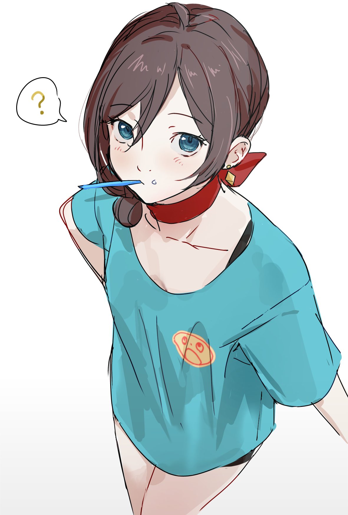 nyak il, trucy wright, ace attorney, apollo justice: ace attorney, highres, 1girl, ?, alternate costume, blue eyes, blue shirt, brown hair, closed mouth, cowboy shot, diamond earrings, earrings, jewelry, looking at viewer, print shirt, red scarf, scarf, shirt, short hair, short sleeves, simple background, solo, standing, t-shirt, toothbrush, toothbrush in mouth, white background