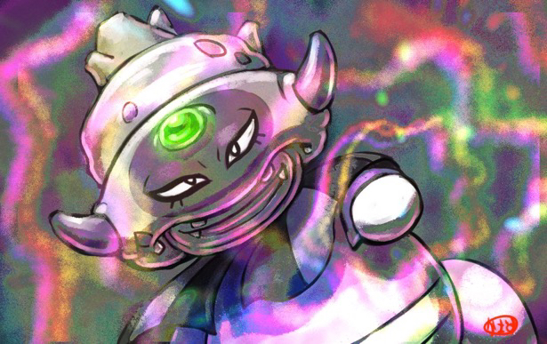 kaosu (kaosu0905), galarian slowking, nintendo, pokemon, commentary request, fangs, forehead jewel, no humans, open mouth, pokemon (creature), pokemon focus, smile, solo