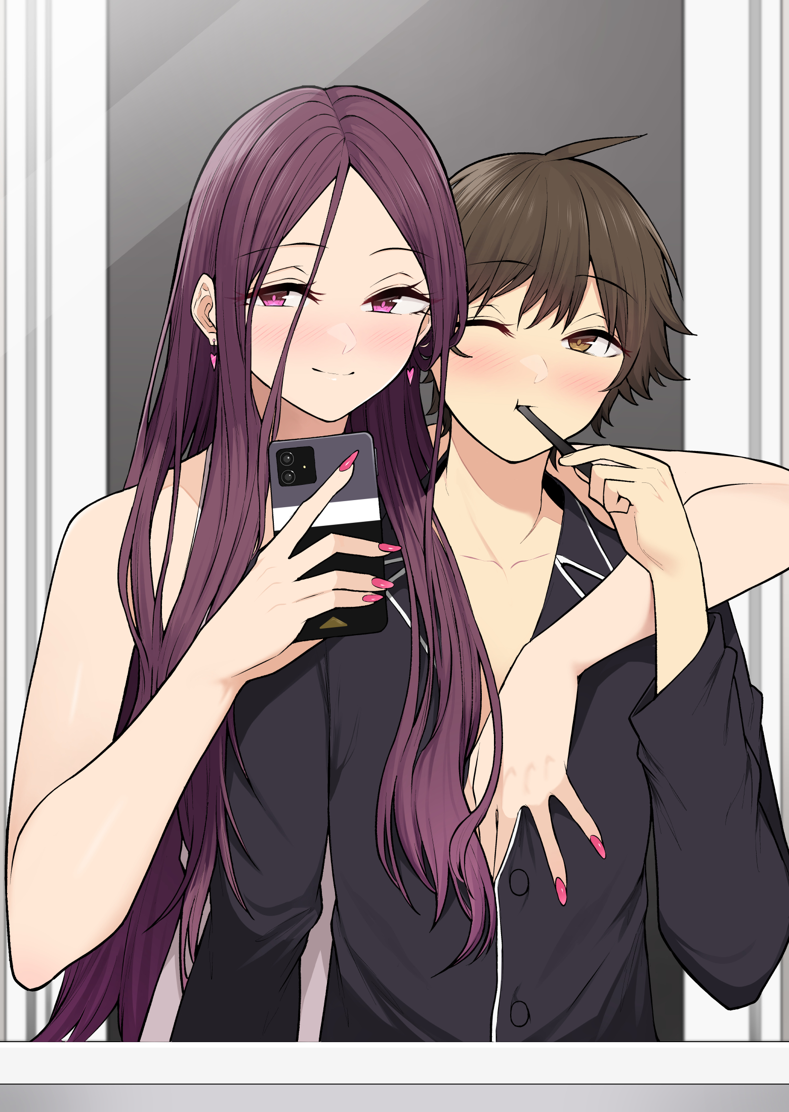 nori gorou, imaizumi (imaizumin-chi), sasaki yukina, imaizumin-chi wa douyara gal no tamariba ni natteru rashii, highres, 1boy, 1girl, ahoge, black pajamas, blush, brown eyes, brown hair, brushing teeth, cellphone, hand on another's chest, holding, holding phone, holding toothbrush, long hair, mirror, one eye closed, pajamas, phone, purple eyes, purple hair, taking picture, toothbrush