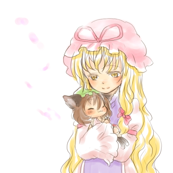 rias-shiki kawaii, chen, yakumo yukari, touhou, bad id, bad pixiv id, 2girls, :3, aged down, animal ears, baby, blonde hair, blush, child, female focus, hat, long hair, multiple girls, smile, tail