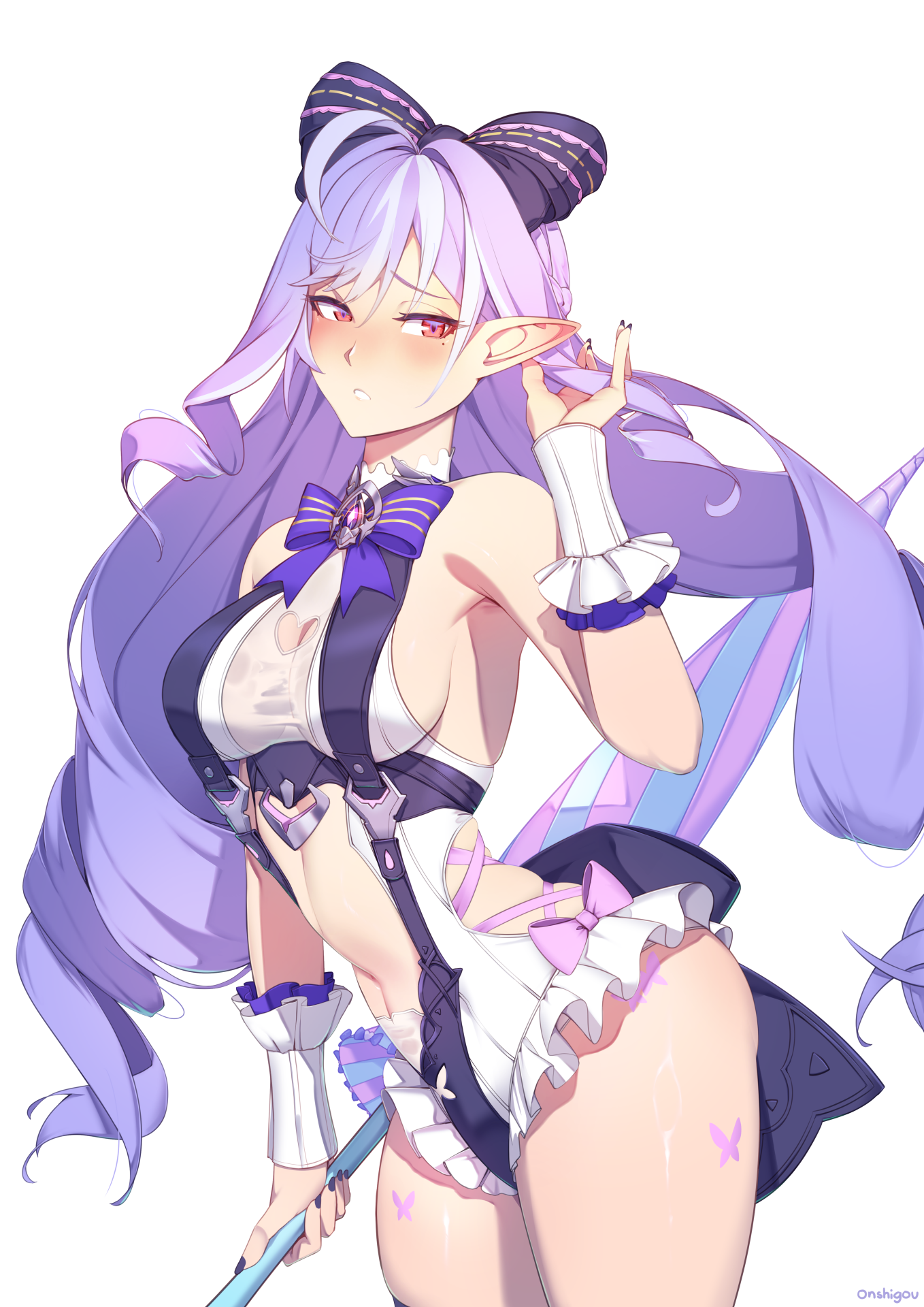 onshigou, vivian banshee, vivian banshee (iris of the shore), zenless zone zero, commentary, highres, 1girl, ahoge, arched back, arm at side, artist name, bare shoulders, black bow, black nails, black one-piece swimsuit, blush, bow, bowtie, breasts, casual one-piece swimsuit, cleavage cutout, closed umbrella, clothing cutout, cowboy shot, cross-laced clothes, cross-laced cutout, detached sleeves, fingernails, floral print, frilled one-piece swimsuit, frilled sleeves, frills, hair between eyes, hair bow, hand up, heart cutout, holding, holding own hair, holding umbrella, long hair, looking at viewer, medium breasts, mole, mole under eye, multicolored hair, nail polish, official alternate costume, one-piece swimsuit, parasol, pointy ears, purple bow, purple bowtie, purple hair, raised eyebrows, red eyes, see-through clothes, see-through one-piece swimsuit, short sleeves, side cutout, sideboob, simple background, solo, standing, stomach cutout, streaked hair, striped bow, swimsuit, two-tone one-piece swimsuit, umbrella, very long hair, white background, white one-piece swimsuit, white streaks