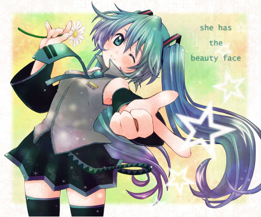 yukiu con, hatsune miku, vocaloid, bad id, bad pixiv id, 1girl, aqua hair, black thighhighs, blue eyes, blue hair, blush, detached sleeves, english text, engrish text, female focus, flower, hair ornament, long hair, matching hair/eyes, miniskirt, multicolored hair, necktie, one eye closed, pleated skirt, purple hair, ranguage, sidelocks, skirt, smile, solo, standing, thighhighs, twintails, two-tone hair, wink, zettai ryouiki